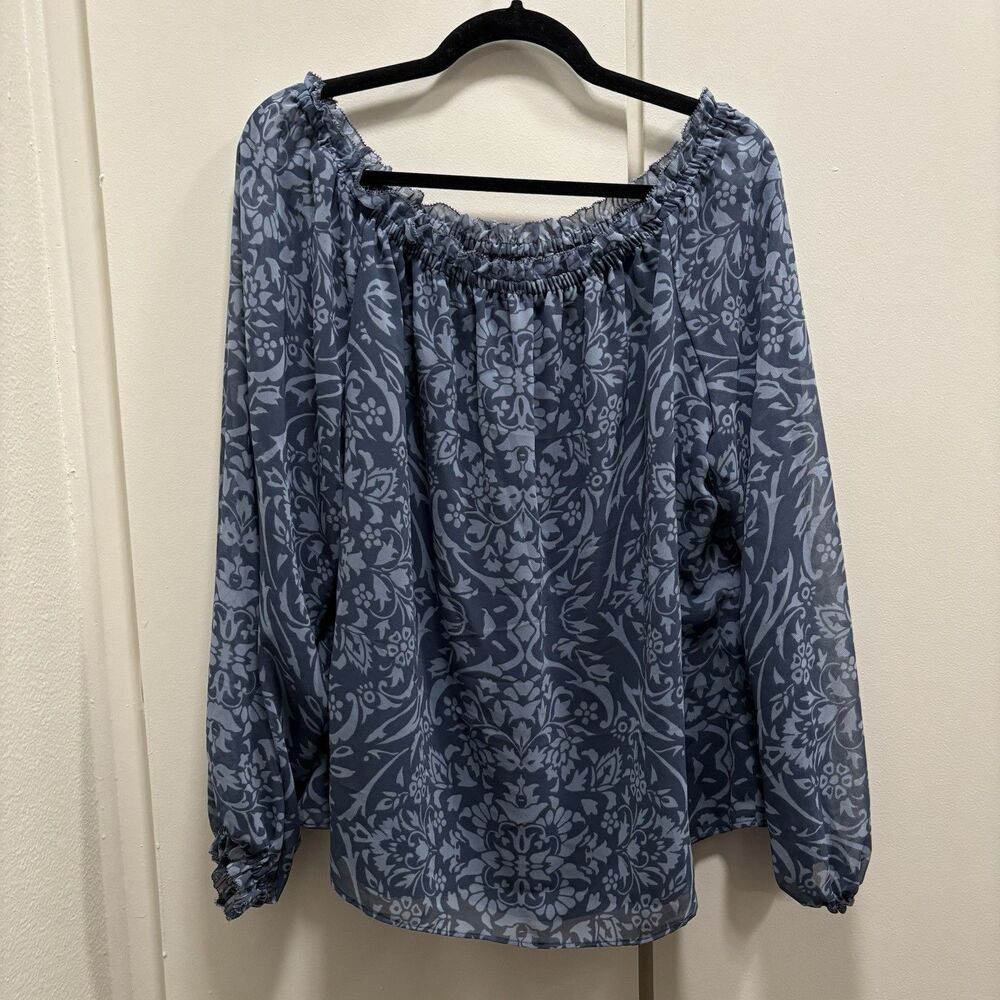 NWT White House Black Market Sz XL Blue Paisley Baroque Ruffle Neckline Blouse